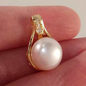 Gold 925 Silver Genuine White South Sea Pearl Diamond Zircon Necklace Pendant